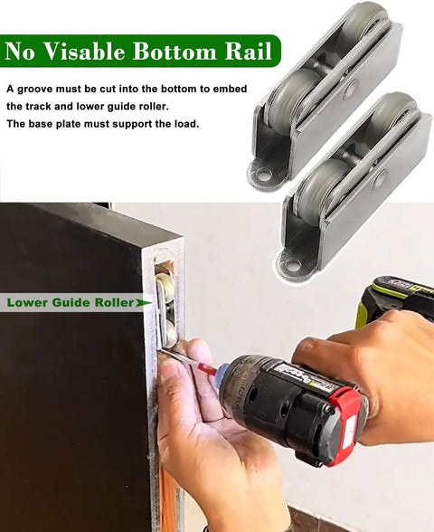 Installation of Ghost Mirror Sliding Door Hardware Kit With Trackless Aluminum Pocket Rail, featuring lower guide roller and drill