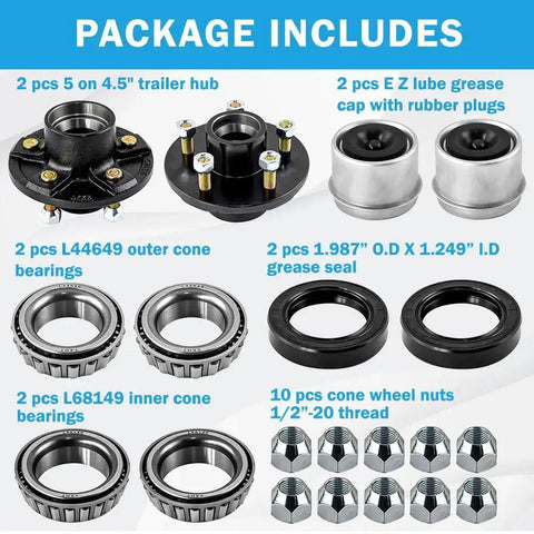 Package includes components for Two Pack Trailer Idler Hub Kits With Five On Four Point Five Inch Bolt Pattern For 3500 Lb Axles
