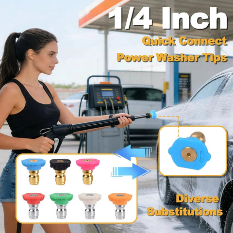 Pressure Washer Nozzle Tips Set Of Seven With Holder One Quarter Inch Quick Connect 4000 PSI Pro Grade Power Washer Tips With 0 Degree 15 Degree 25 Degree 40 Degree 65 Degree Soap Mode And Rinse Mode, Essential Pressure Washer Accessories