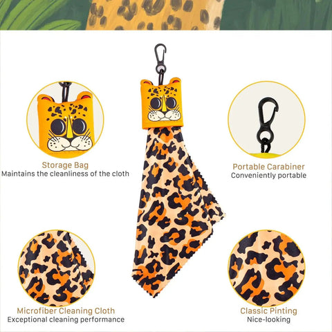 Animal Print Double Sided Microfiber Glasses Cloths Keychain Set 4 Pieces with leopard print and clip-on carabiner