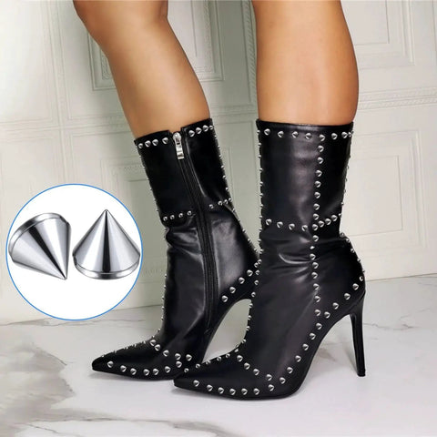 Close-up of black high-heeled boots adorned with 8 mm Bullet Cone Studs 100 Pcs Silver Punk Flatback Spikes for DIY Leather.