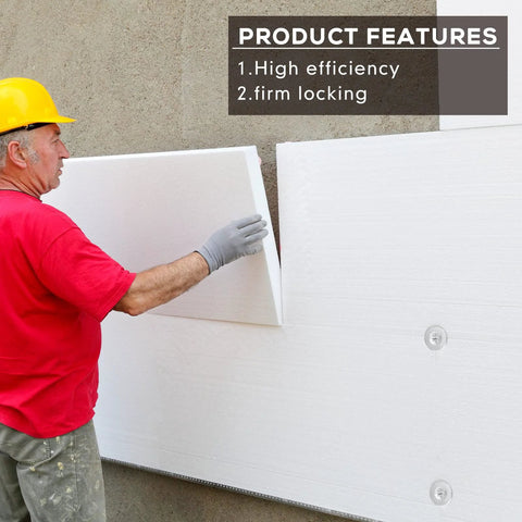 Insulation foam board panel installed on a concrete wall by worker in red shirt and yellow helmet; fasteners visible.