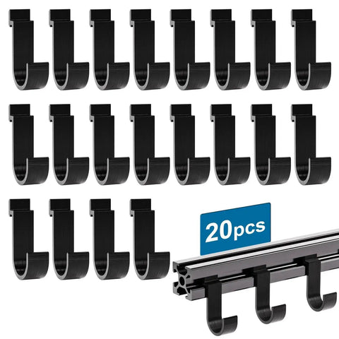 20 pcs of 2020 Series Mini Hanging Hooks For European Standard Aluminum Extrusion on black linear rail, close-up view