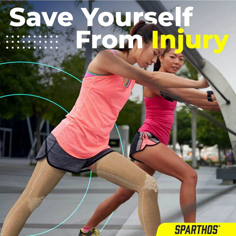Two women stretching while wearing beige leg compression sleeves for calf knee and thigh recovery pain relief and all day comfy support.