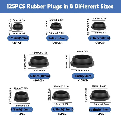 125 Pieces Black Rubber Round Hole Plugs Set In Eight Sizes Silicone Plugs For Round Holes For Furniture Office Kitchen Automotive One Inch Three Quarter Inch Five Eighths Inch One Half Inch Three Eighths Inch Five Sixteenths Inch One Quarter Inch One size chart.