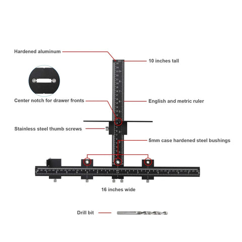 Pro Grade Cabinet Hardware Jig With Adjustable Template For Handles And Drawer Knobs Easy Install For Doors And Drawers Aluminum Alloy Precision Jig With CNC Tolerance Of 0.0002 Inch And 0.001 Inch Square Alignment, showing measurements and components.