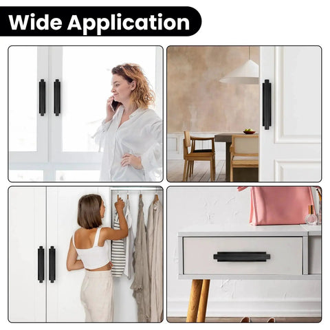 30 Pcs Self-Stick Cabinet Drawer Handles Pulls Black Peel And Stick Plastic Adhesive Door Handles shown installed on various furniture