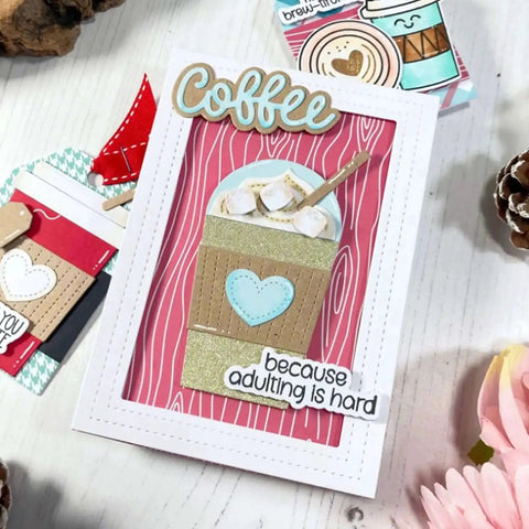 Handmade card with a coffee cup design and stitched rectangle frame, perfect for card making and scrapbooking.