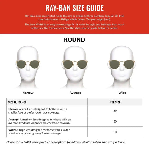 Ray-Ban size guide for round sunglasses showing narrow, average, and wide fit with lens sizes 47mm, 50mm, and 53mm.