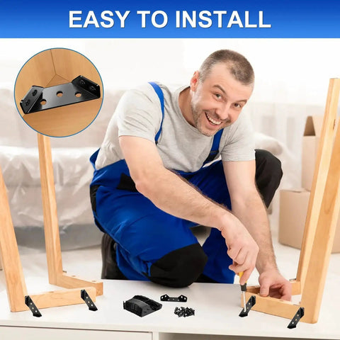 Man installing Heavy Duty Wood Corner Brackets with 150 Screws 25 Piece Set on wooden frames in a room.