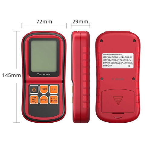 Kamtop red handheld digital thermometer with backlit LCD and orange keypad; compact dual-channel meter.