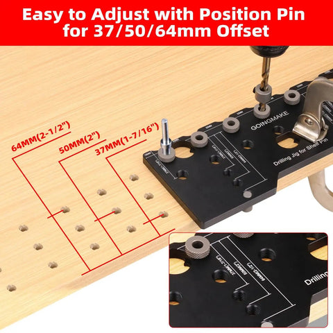 Pro Grade Aluminum Shelf Pin Jig One Quarter Inch Drill Guide For Straight Holes Cabinet Hardware And Woodworking Projects Durable And Precise Ideal For Cabinets Shelves Furniture And Home DIY Projects With Quick Setup And Accurate Drilling showing position pin and offset measurements