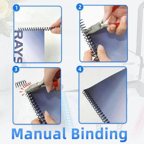 Manual binding process using coil binding machine for 3 to 1 pitch with 32 hole punch, perfect for spiral and click binding spines
