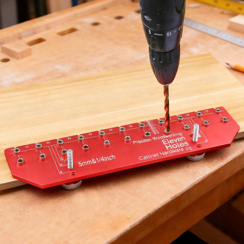 11 Hole Shelf Pin Jig With Self Clamping Hinge Drill Guide Pro Grade for Cabinets drilling into wood for precise shelving.