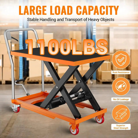Side view of orange hydraulic lift table cart with black scissor mechanism, four caster wheels and non-slip top pad.