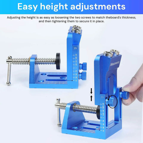 Pocket Hole Jig Kit With Adjustable Drill Guide And Stop Collars in blue, showing easy height adjustments and scale markings.
