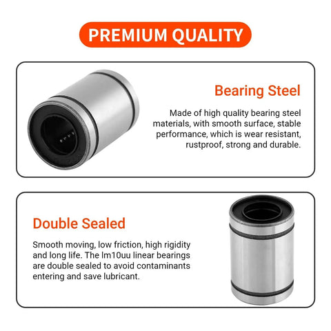 Premium quality LM10UU linear bearing set eight pieces, 10mm bore, 19mm outer diameter, for 3D printers and CNC machines, double sealed steel