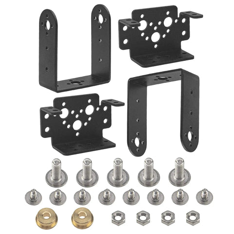 Two sets of black metal servo mount brackets with L- and U-shaped plates and mounting hardware for MG995/MG996 servos