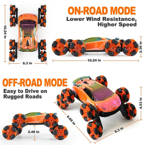 8 Wheel Gesture Sensing RC Stunt Car showing on-road and off-road modes, dimensions, 360 degree flips, dual sided lights, and music feature