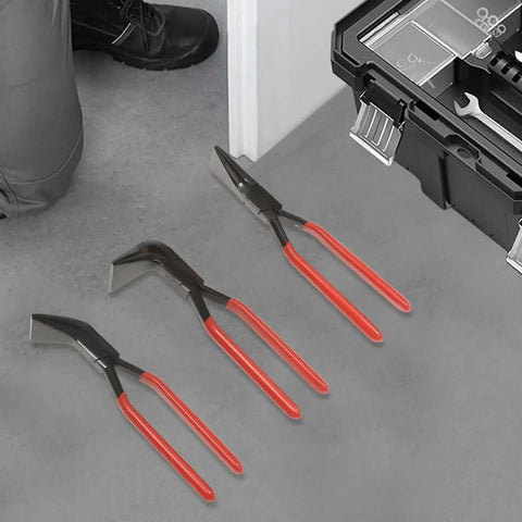 3 Piece Sheet Metal Bending Pliers Set with Straight, 45 Degree, and 90 Degree Jaws near toolbox and worksite floor