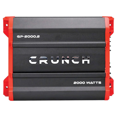 GP2000 2000W 2 Channel Car Amplifier with Beefy Bridged Mono 4 Ohms, front view showing black and red design.