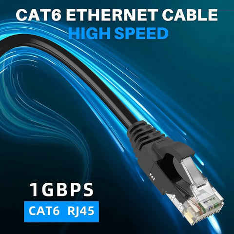 Close-up of Cat6 Ethernet Cable Black with RJ45 Connector showing high-speed 1Gbps performance, ideal for fast internet.