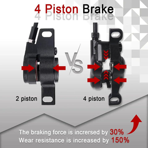 BUCKLOS Zoom HB876E hydraulic disc brake set — 2-piston left vs 4-piston right, black aluminum lever/caliper.