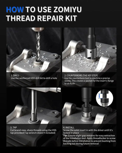 Steps for using M6x1.0 Thread Repair Kit With HSS Drill Tap Counterbore And Driver 10 Inserts, including drill and install process.