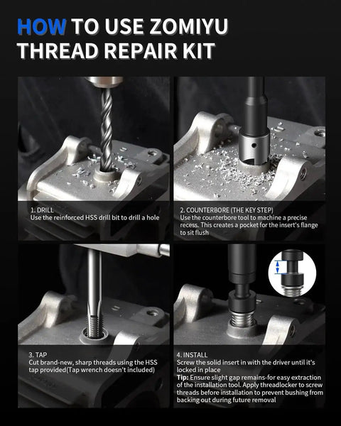 Instructional image showing steps to use M10x1.25 Thread Repair Kit With HSS Drill Tap Counterbore And Installation Driver for fixing threads.