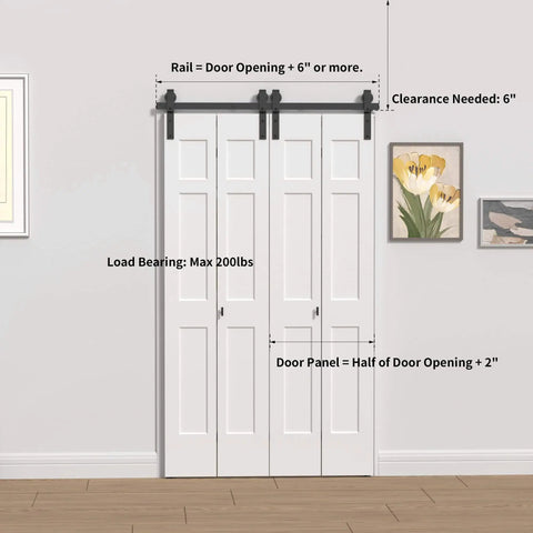 Double Bifold Sliding Barn Door Hardware Kit For Closet Doors, 48 Inch, Top Mount Track System installed on wall with décor