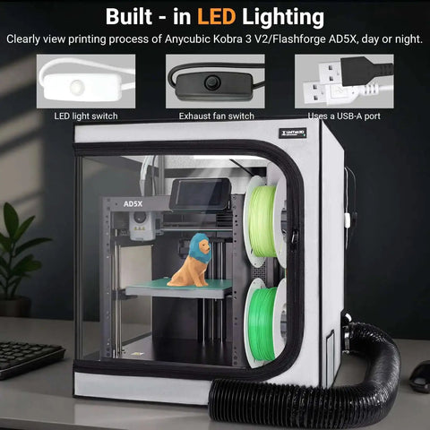 Durable 3D Printer Enclosure With Integrated Ventilation Kit featuring LED lighting and fireproof cover for dust and noise control