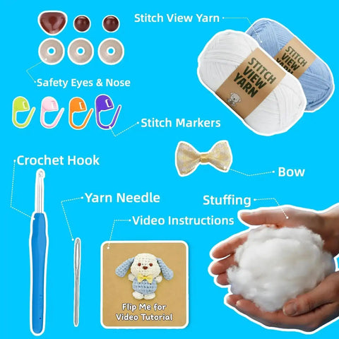 Beginner Crochet Amigurumi Kit For Puppy With Bow Tie, 5 Inch Starter Set shown with yarn, hook, eyes, stuffing, and video tutorial.
