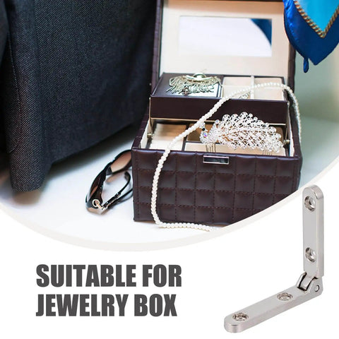 10 Pieces Zinc Alloy Jewelry Box Hinges 90 Degree Wooden Box Hinges for Miniature Furniture Chest with open jewelry box displayed