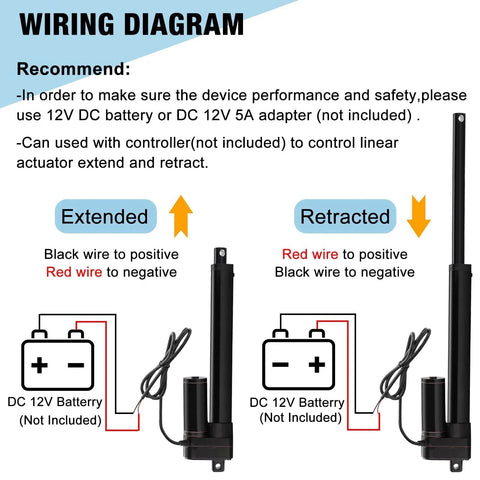 Wiring diagram for Heavy Duty 12V Linear Actuator With 176 Lbs Maximum Load 800N Fast 0.78 Inches Per Second Stroke Six Inches IP65 Waterproof With Mounting Brackets For Doors Solar Trackers Lifting Systems And DIY Projects showing connections to a DC 12V battery.