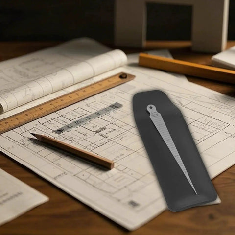 Stainless Steel Double Sided Welding Taper Gauge Feeler Gauge Depth Gauge And Aperture Ruler With Inch And Metric Scales 1 To 15 Mm For Precise Measurements Durable Rust Resistant Tool For Machinists And DIY Enthusiasts on drafting paper background.
