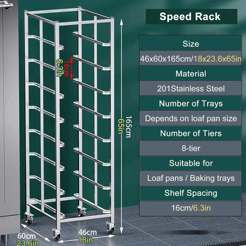 8-Tier Stainless Steel Bakery Cooling Rack On Wheels With Brakes, 16 cm spacing, for loaf pans and baking trays, pro-grade cart