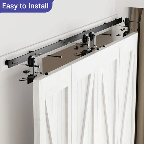 72-Inch Bi-Folding Sliding Barn Door Hardware Kit For Four Doors With Black Top Mount Track installed on a white wall