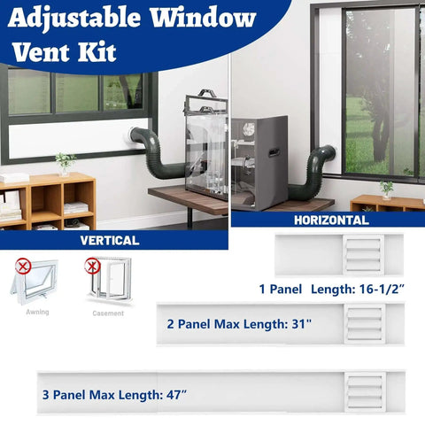 Adjustable window vent kit installation for 3-4 inch hose; displayed in vertical and horizontal setups with length specifications.