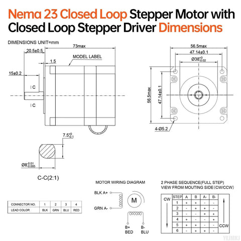 Dimensions of Nema 23 Closed Loop Stepper Motor with Built In Driver for CNC Mills and Lathes, showing wiring and measurements.