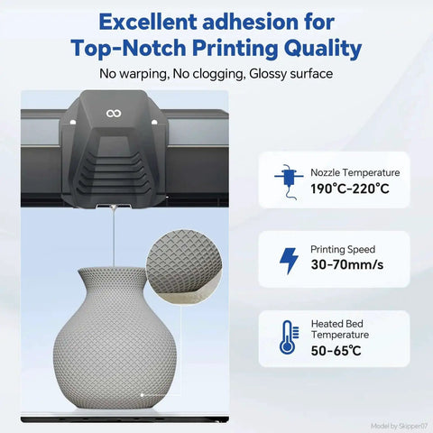 3D printer nozzle with vase print, displaying printing temperature, speed, and bed temperature for PLA 1.75mm 3D Printer Filament for Easy Prints, Precise Plus Or Minus 0.02mm Tolerance, Neatly Wound 1Kg Black Vacuum Package