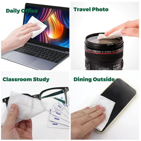 Pre-Moistened Lens Wipes for Glasses and Screens 5x6 Inches 200 Pack shown cleaning laptop, camera lens, glasses, and phone