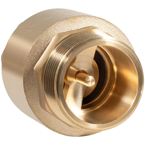 Brass one-way check valve, 1-1/4 in NPT male in / 1-1/4 in FNPT out, heavy-duty irrigation backflow preventer