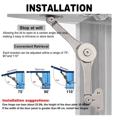 Heavy Duty Lid Stay Hinges For Cabinets And Toy Boxes Adjustable Folding Lid Support Hinges With 75 90 110 Degree Opening Holds Up To 25lb Per Pair Includes Allen Wrench For Easy Weight Tuning Great For Cabinets Closets Wardrobes installation guide