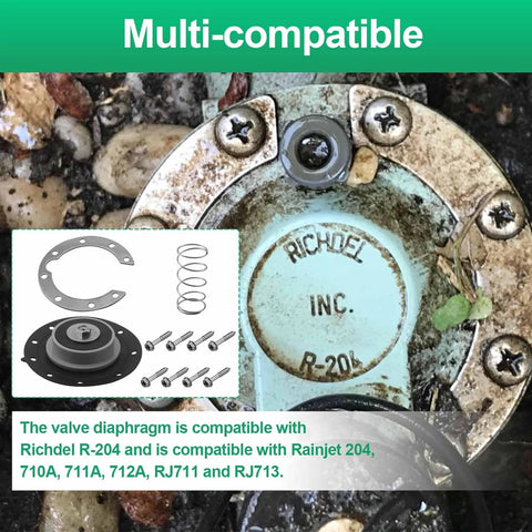 Valve diaphragm kit for Irritrol 205S/205SF/205T/205TF and Richdel R-204 Rainjet valve; diaphragm, spring, seals.