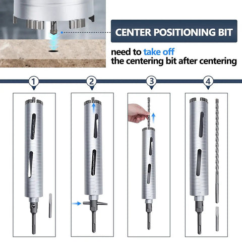 Two And A Half Inch Diamond Dry Core Drill Bit With Ten Inch Drilling Depth For Concrete Masonry Brick Block Five Eighth Inch Thread Includes SDS Plus SDS Max And Hex Adapters Rotary Only Diamond Alloy Tip showing assembly steps.