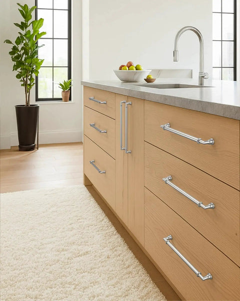 Modern kitchen with cabinet showing 10 Pack 5 Inch Hole Center Cabinet Handles In Brushed Satin Nickel And Polished Nickel Finishes.