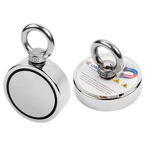 Underwater Treasure Hunting Magnet Fishing Kit With Case And Dual Strength Magnets 880Lb Double Sided And 550Lb Single Sided Includes Rope Carabiner Threadlocker And Gloves For The Real Magnet Fishing Crew showing dual neodymium magnets with eye bolts