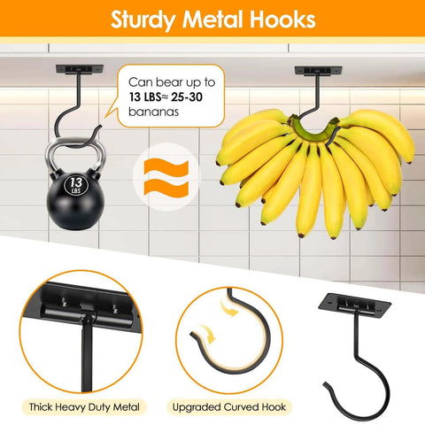 Sturdy metal hooks mounted on white surface holding a 13 lb kettlebell and a bunch of bananas, showcasing load capacity.
