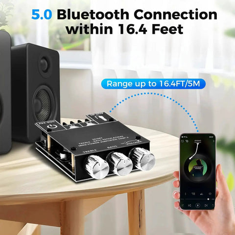 50W Per Channel Bluetooth Amplifier Board with knobs on table next to speaker and smartphone showing connection