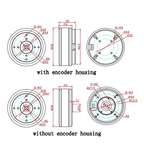Technical diagram showing dimensions of a Pan Tilt Zoom Brushless Servo Motor With AS5048A Encoder Flat Mount, with and without housing.
